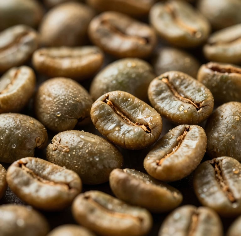 Macro shot of raw green coffee beans mixed with roasted beans, side-lit with dramatic golden hour light, highlighting texture and oil sheen.