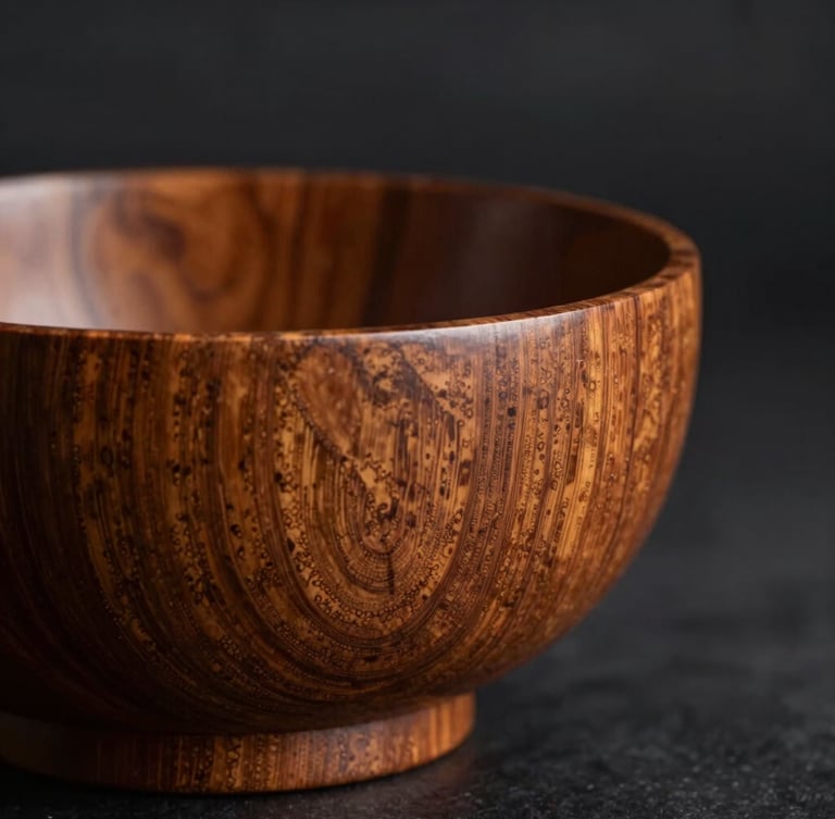 Dramatic close-up of a hand-carved teak decorative bowl, deep wood grain highlighted by warm side-lighting, dark atmospheric background.