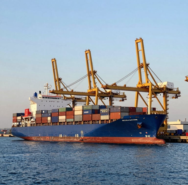 Dramatic wide angle shot of a massive blue container ship docked at a modern port during golden hour, deep blue water, towering gold-accented cranes in the background, clean composition.