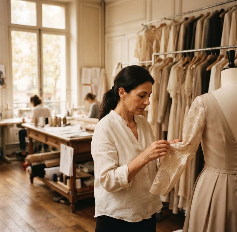 Elegant fashion atelier interior with warm window light, champagne and cream tones, racks of silk dresses and fine suits in soft focus, 35mm