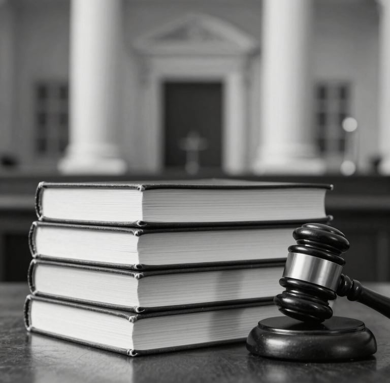 A wooden gavel resting next to a stack of open law books in a courtroom setting.