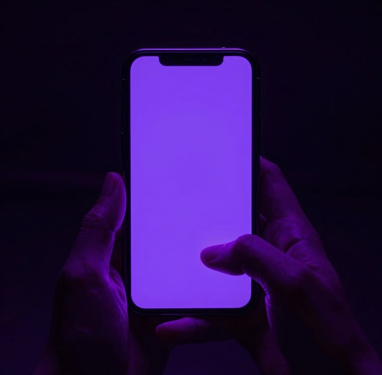 First-person perspective of hands holding a smartphone in a dark room, neon violet screen glow casting light on fingers, high contrast cyberpunk photography.