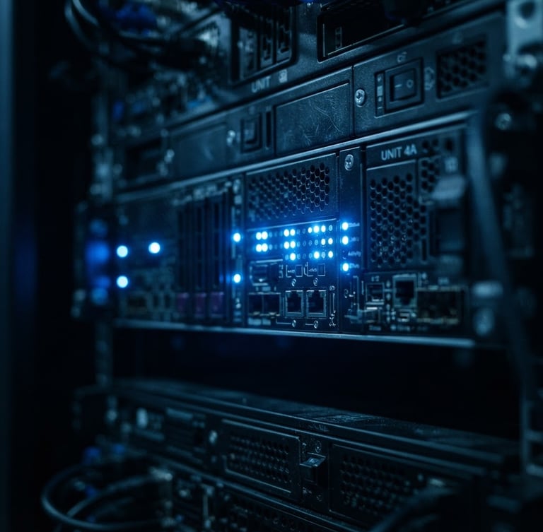Macro close-up of dark server rack with glowing blue led indicators, minimalist tech architecture, sharp focus, 35mm