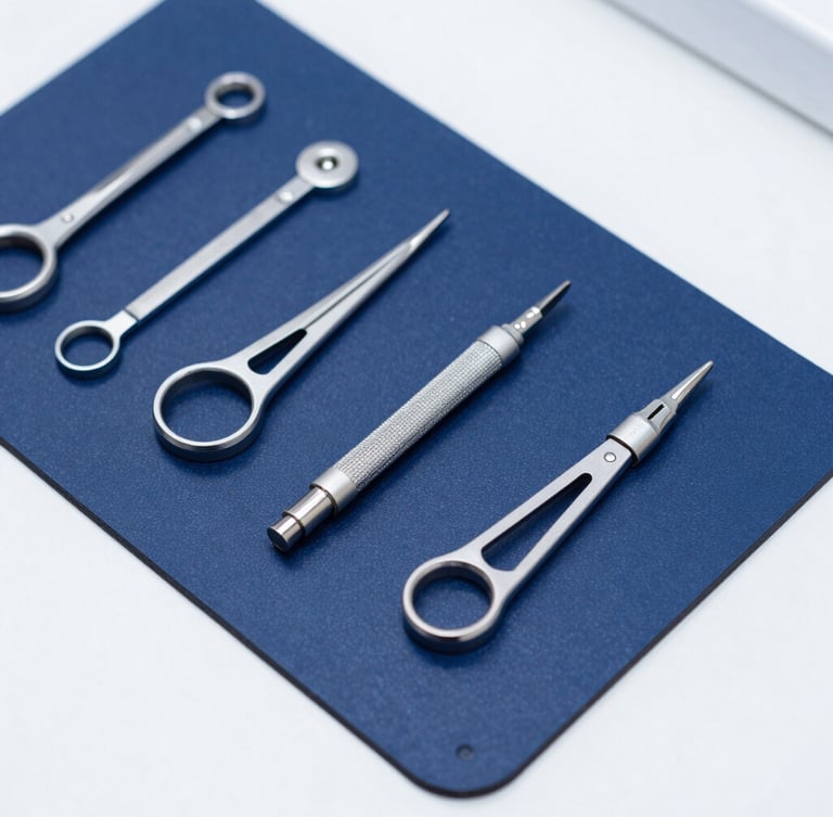 Overhead flat-lay of professional smartphone repair tools organized on a clean dark blue anti-static mat, clinical white lighting, precise and secure environment.