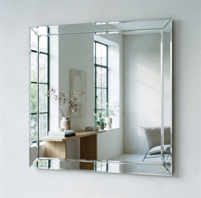Close-up of a modern frameless mirror with polished bevels, reflecting a minimalist interior, bright natural daylight, crisp reflections, cool tones.