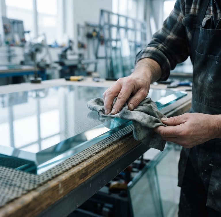 Close-up of an artisan's hands polishing the thick edge of a glass pane in a brightly lit workshop, emphasizing precision and reflections, cool tones.