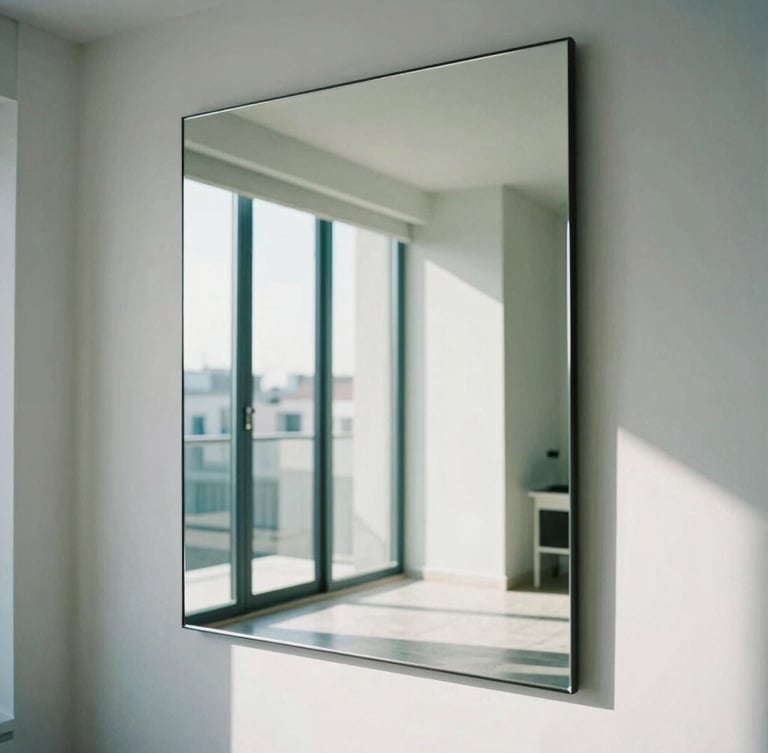 Architectural shot of a modern Argentine apartment interior with a large custom-cut mirror reflecting natural daylight, clean lines, cool tones, 35mm.