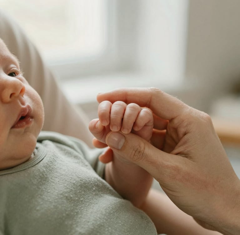 Close-up detail of a mother gently holding a newborn baby's tiny hand, soft natural window light, warm beige and sage green tones, shallow depth of field