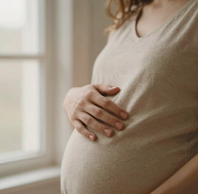 A close-up of a mother's hand gently resting on her pregnant belly, soft warm window light, natural beige tones, shallow depth of field, 35mm warm editorial photography
