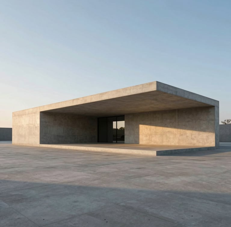Strict one-point perspective exterior render of a minimalist concrete museum pavilion at golden hour, long sharp shadows, expansive negative space in sky