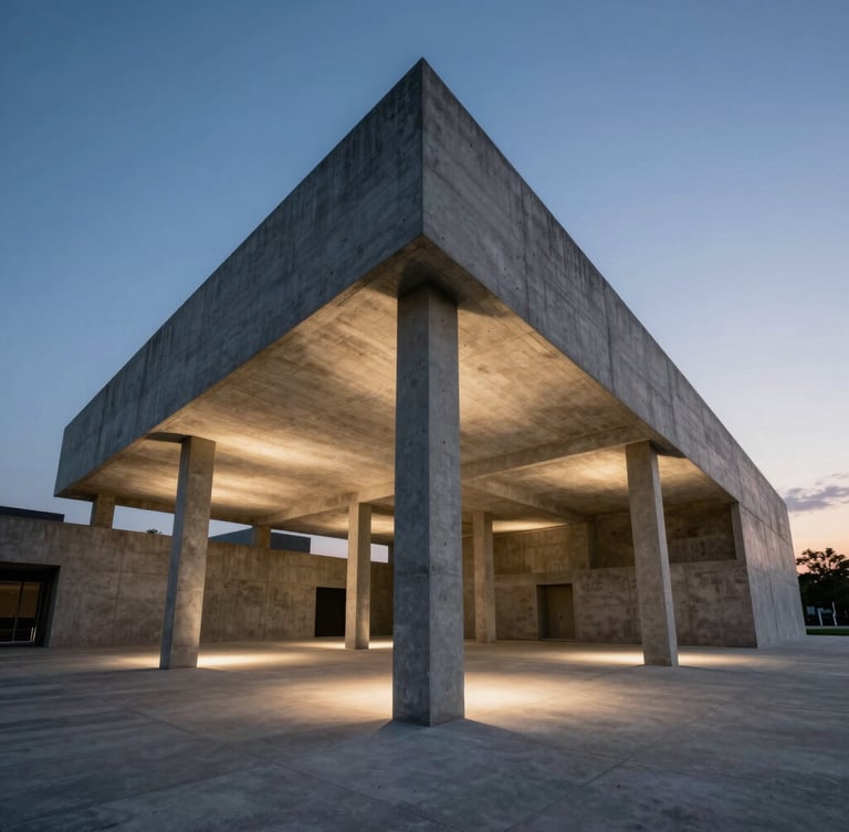 One-point perspective of a raw concrete museum pavilion at dusk, low-angle elevation, dramatic architectural uplighting casting long shadows on the structural joints.