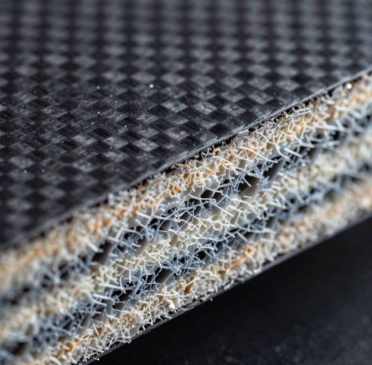 Extreme macro close-up of a cross-sectioned composite panel, showing layered carbon fibers and dense polymer matrix, high-contrast cool daylight, sharp focus on structural layers.