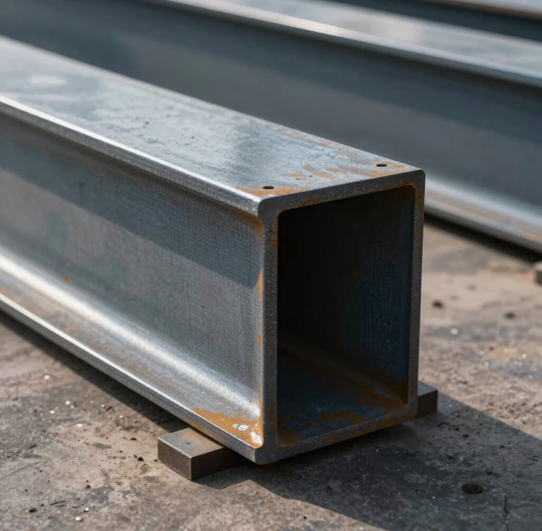 Cool-toned close-up of heavy structural steel beam edges showing precision cuts, natural daylight reflecting off industrial metal surfaces on the Beijing factory floor.