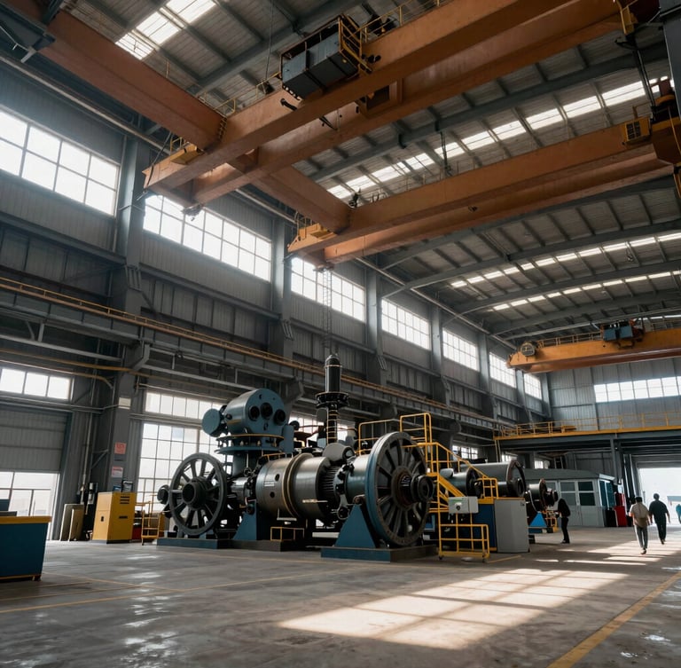 Wide-angle environmental shot of a massive steel manufacturing bay in Beijing, overhead cranes, industrial daylight filtering through high windows.