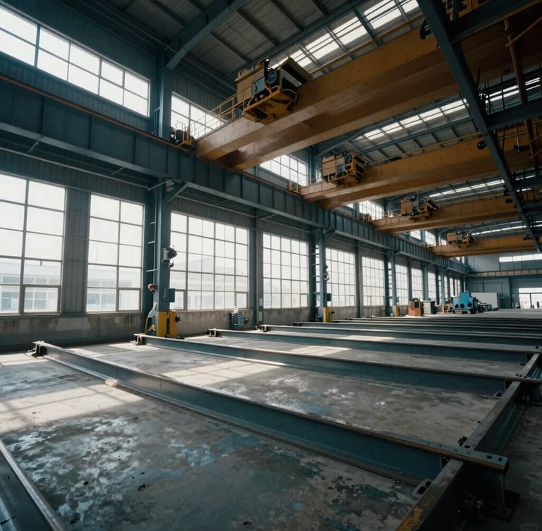 Wide-angle environmental shot of a massive Beijing manufacturing bay, overhead cranes on steel tracks, cool daylight filtering through high industrial windows, structural steel beams aligned on the floor.