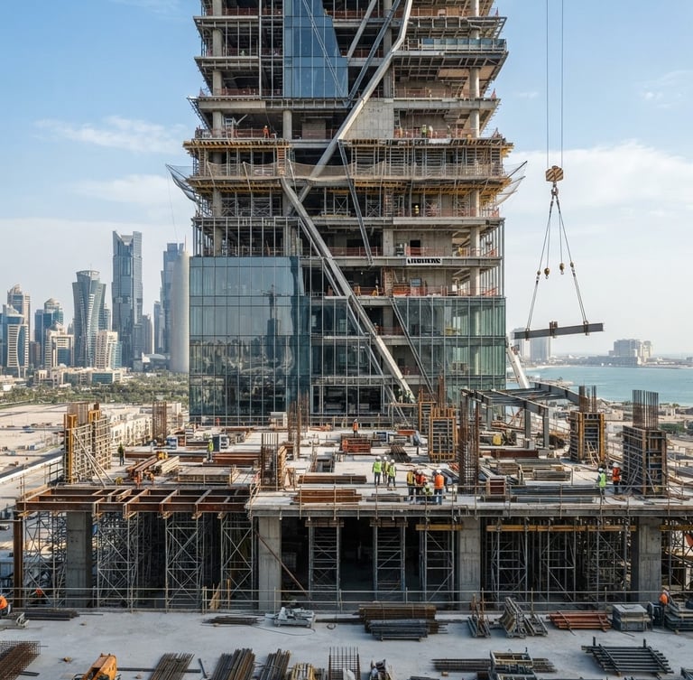Architectural photography, sharp focus, high-end commercial building under construction in Doha, bright natural daylight, clean structured composition, 35mm lens