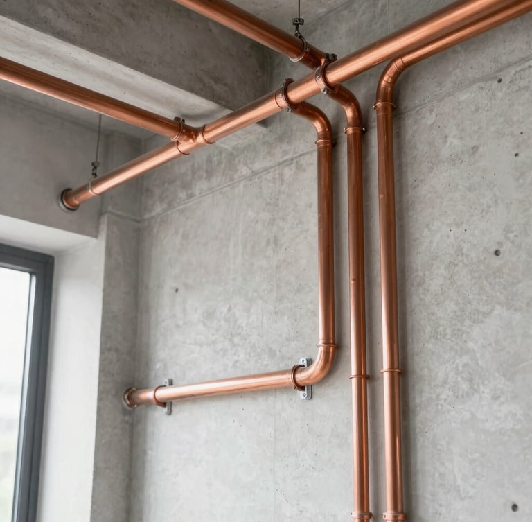 Close-up architectural photography of complex MEP installations, neatly organized copper piping and electrical conduits on a clean concrete wall, bright natural lighting, sharp focus, 35mm lens