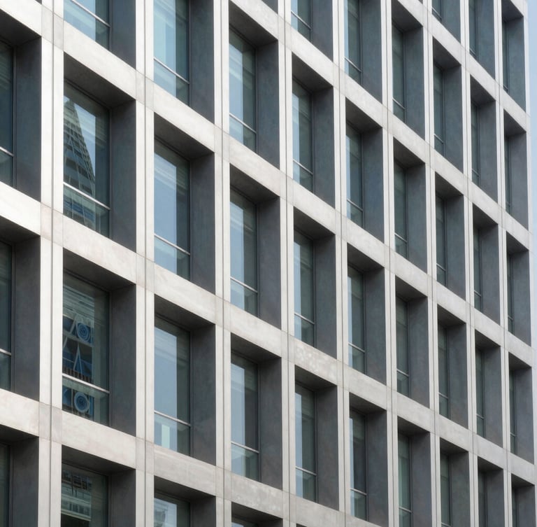 Sharp architectural close-up of a modern commercial building facade in Doha, showcasing precise steel and glass installation under bright daylight, high contrast.