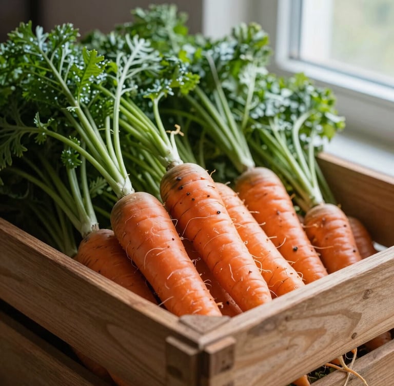 Tactile close-up of a wooden harvest crate overflowing with unwashed heirloom carrots and leafy greens, natural morning window light, rich earthy tones, 35mm
