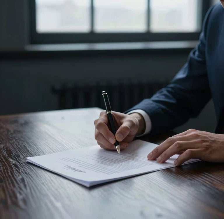 Close-up of hands signing documents on a dark oak table, soft overcast daylight filtering through a window, cool slate tones, editorial corporate photography style.