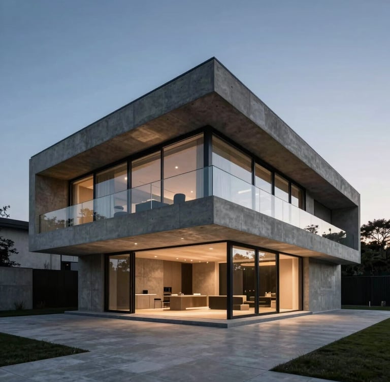 Cinematic wide architectural perspective of a modern luxury concrete villa at dusk, cool diffused lighting, sharp geometric lines, metallic reflections