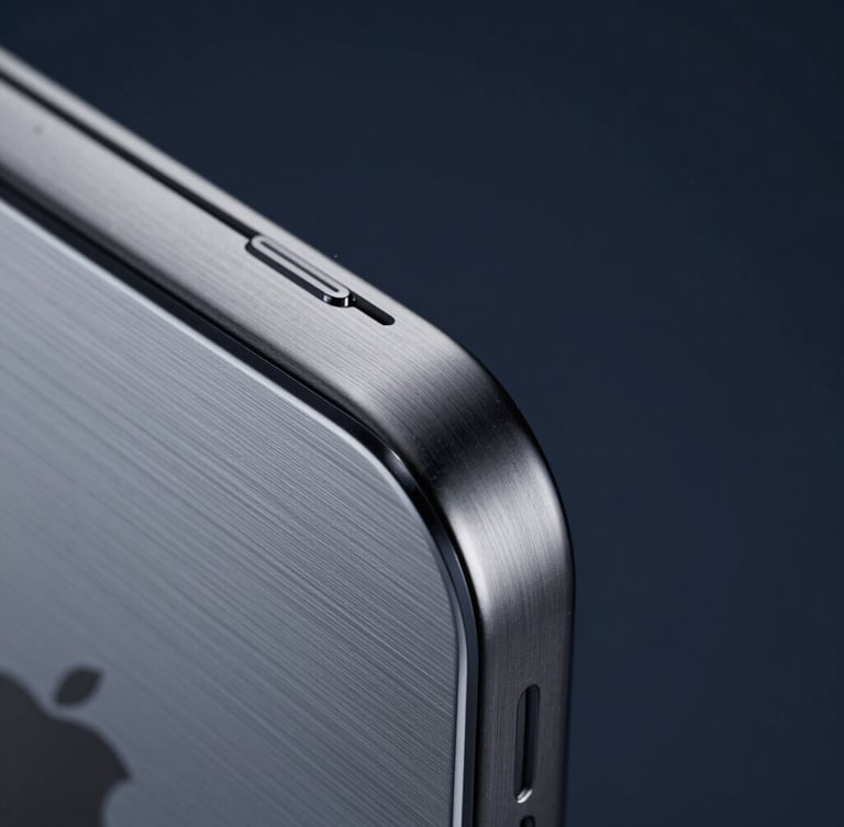 Macro close-up of brushed titanium Apple-grade hardware with subtle cool light reflections, architectural precision, cinematic depth of field