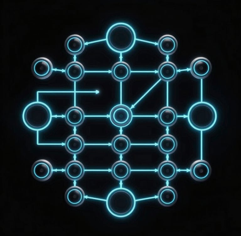 Symmetrical neon-cyan vector system diagram showing data flow nodes, high-contrast black background, self-illuminating lines