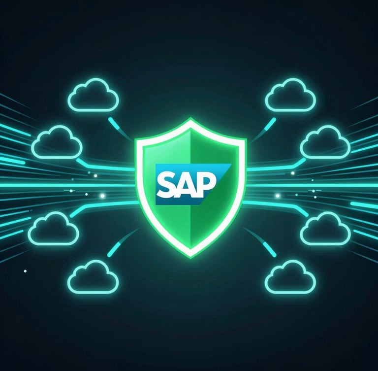 Symmetrical vector diagram showing neon cyan data streams flowing from cloud icons into a central glowing green shield representing SAP core database, dark background.