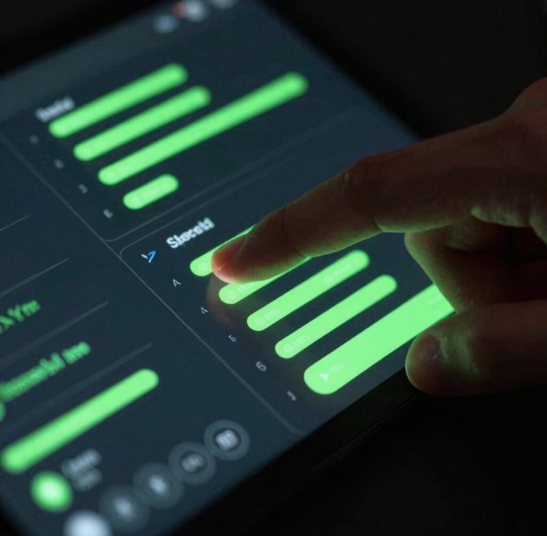 Extreme close-up of a hand tapping a high-refresh-rate Android screen displaying fluid neon green UI wireframes, dark-mode ambient lighting, 35mm.
