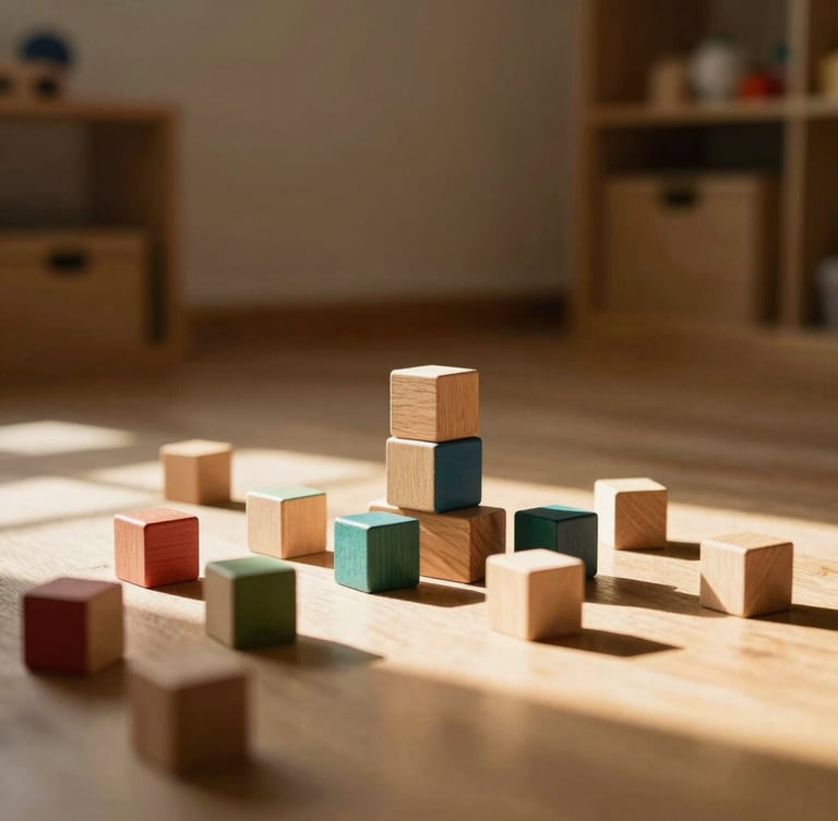 Warm environmental photography of a beautifully curated playroom with wooden blocks under soft sunbeams, shallow depth of field