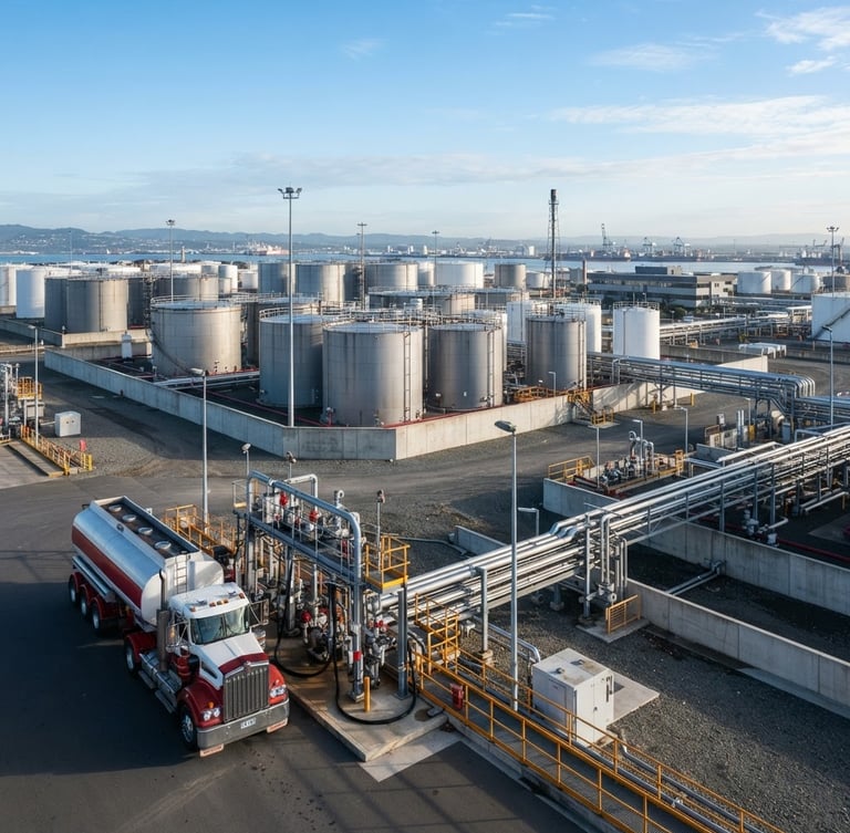 Wide environmental shot of a massive fuel terminal under a crisp morning sky, towering steel storage tanks, concrete containment barriers, heavy-duty tanker truck parked in the foreground, industrial editorial photography, cool steel tones with high-contrast safety accents.