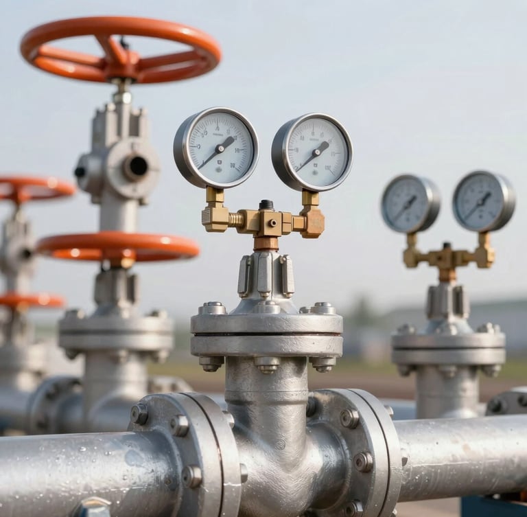 Close-up macro shot of heavy industrial steel valves and safety pressure gauges on a terminal pipeline, crisp morning daylight, safety orange accents, sharp focus