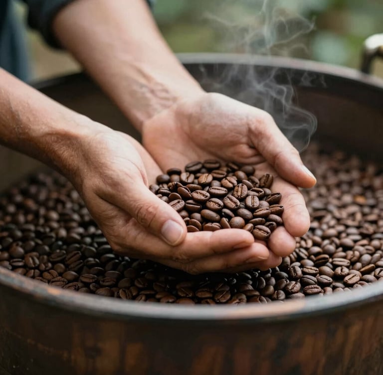 Close-up of hands of an artisan roaster holding freshly roasted, warm brown coffee beans over a rustic wooden tray, soft warm incandescent lighting, shallow depth of field, rich textures.