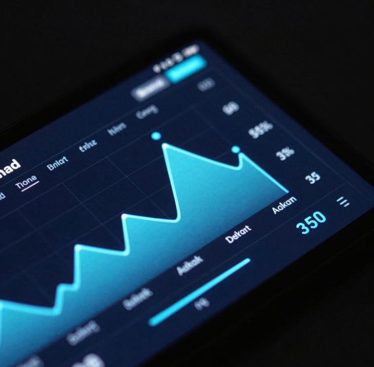 Close-up of a high-fidelity Android device screen showing a dark-mode system monitoring interface with neon blue graphs, dramatic low-key lighting, shallow depth of field, 35mm