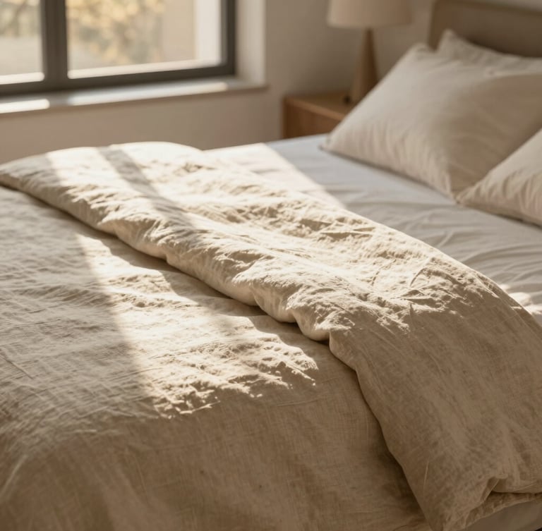 Close-up editorial photography of fresh, crisp linen sheets on a modern bed, warm morning sunlight streaming through a nearby window.