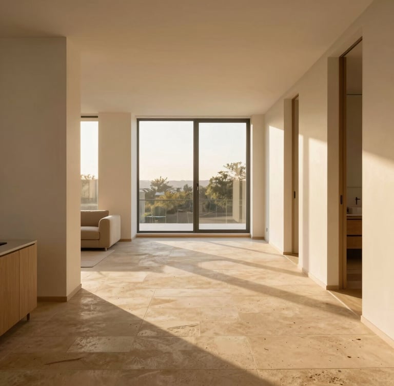 Straight-on architectural shot of a bright modern apartment living room, golden-hour window light casting long shadows on sand-colored stone floors, minimalist design.