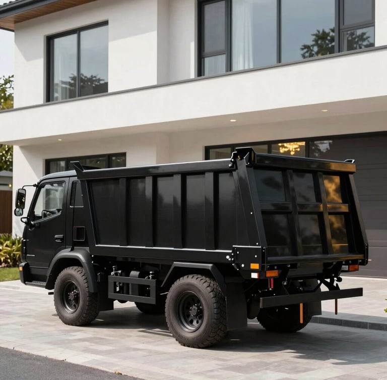 A clean black professional dump trailer parked neatly on a paved driveway next to a modern architectural home under crisp daylight.