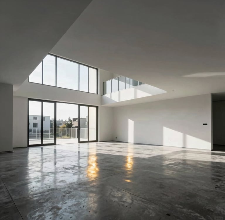 Wide-angle architectural photography of a pristine, newly constructed modern residential interior with high ceilings and dramatic daylight reflecting off clean concrete floors.