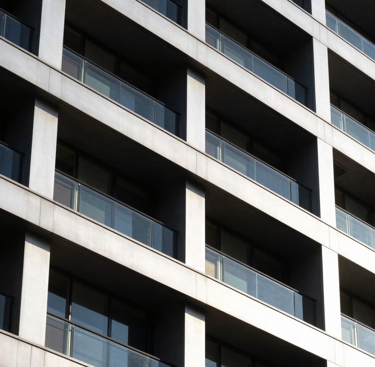 High-contrast architectural portrait of a newly completed commercial building facade, sharp geometric shadows, clean steel and glass, bright daylight.