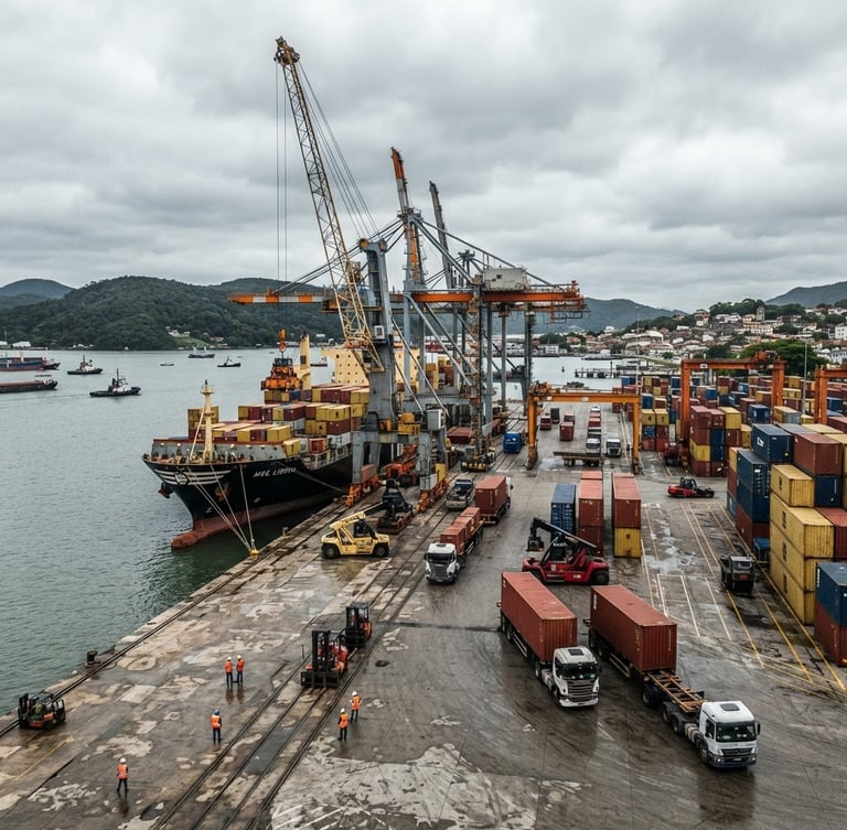 Wide panoramic view of the port of São Francisco do Sul under overcast daylight, showing large container ships, heavy cranes, and flatbed trucks being loaded. Industrial logistics photography, high-contrast steel and safety orange tones, sharp focus.