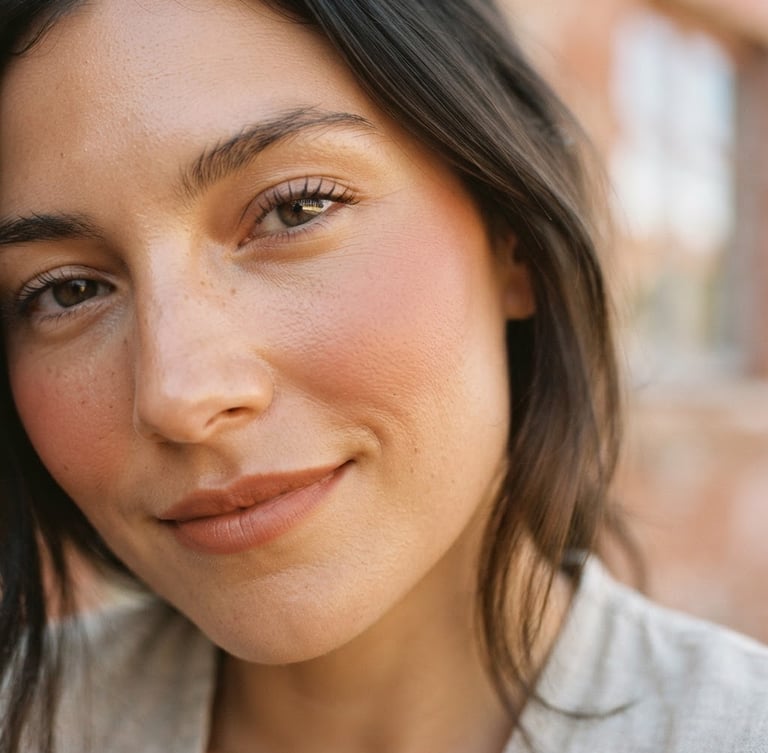Warm editorial photography, close-up of clean skin texture with soft blush, diffused natural daylight, gentle terracotta tones, 35mm