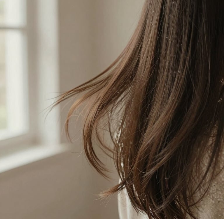 Close-up of healthy hair texture in motion, warm editorial photography, soft natural window light, muted travertine and taupe tones, shallow depth of field, 35mm