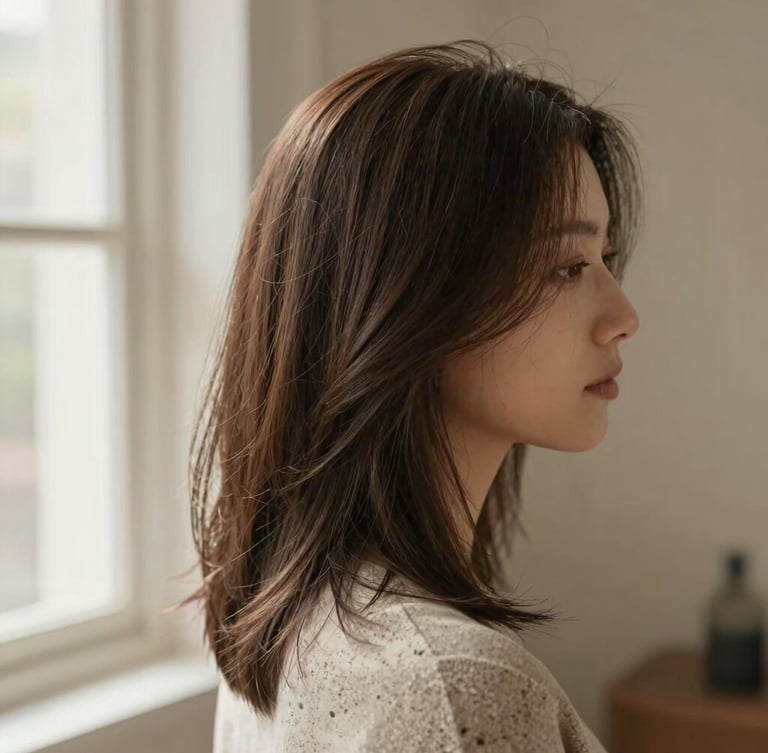 Warm editorial photography of a client's profile in soft natural window light, highlighting healthy hair texture and muted travertine tones, shallow depth of field, 35mm