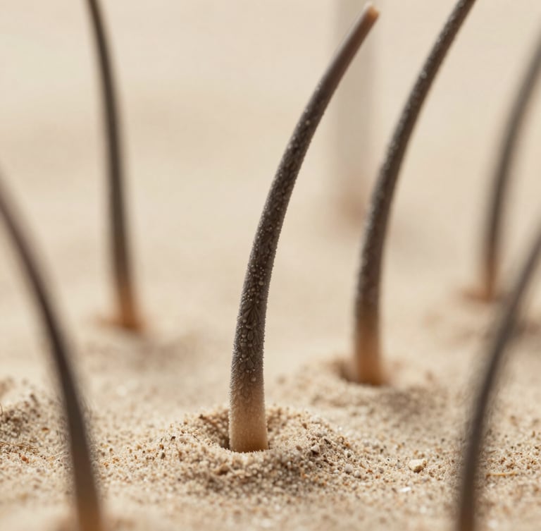 Macro close-up of healthy hair follicles under clean clinical light, soft focus, warm sand background, scientific and premium