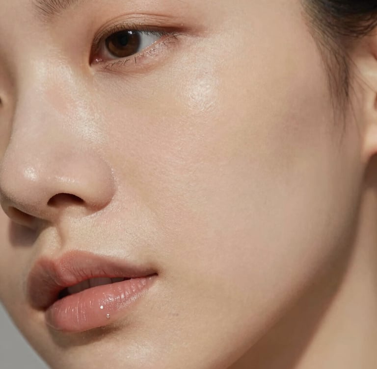 Warm editorial photography, extreme close-up of healthy glowing skin texture under soft diffused daylight, shallow depth of field, 35mm