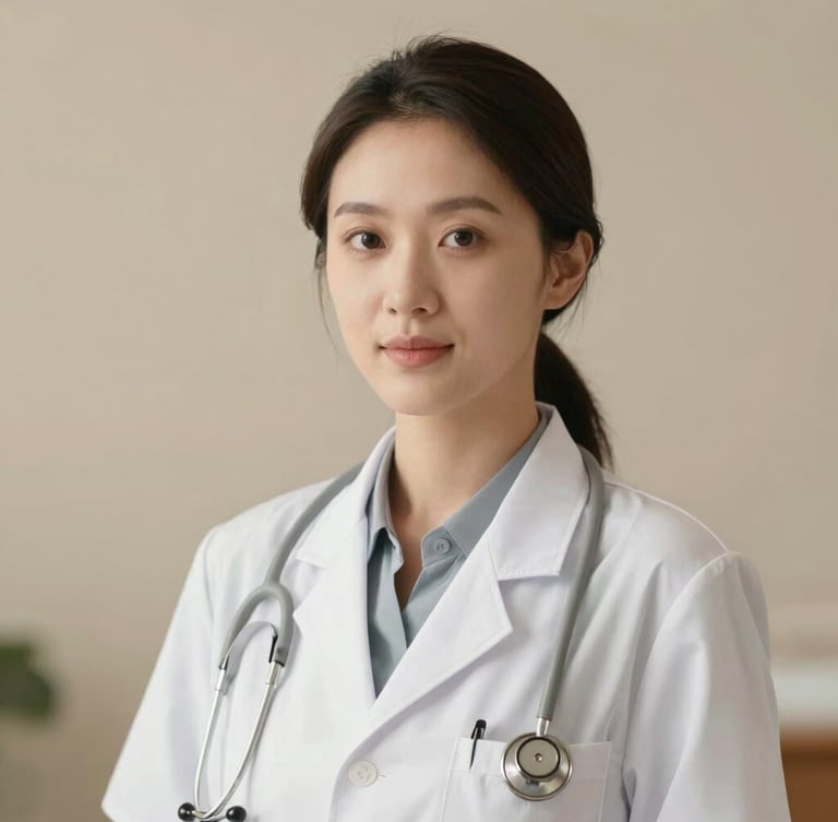 Warm editorial portrait of a female doctor with soft natural daylight, shallow depth of field, professional and elegant attire, neutral sand background.