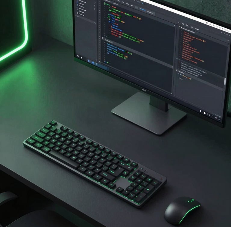 Overhead view of a modern digital workspace with code editor open on a sleek monitor, glowing electric green accents, dark slate desk surface, 35mm