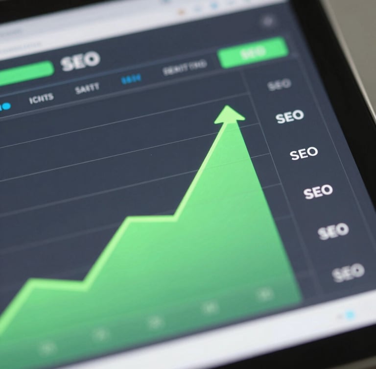 Macro close-up of a modern SEO dashboard showing upward ranking curves, electric green neon accents, sharp focus, cool studio lighting, 35mm