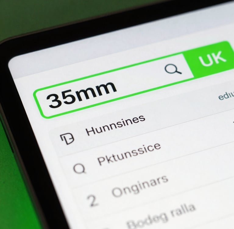 Macro close-up of a search engine results page showing a UK business in the absolute top position, sharp focus, electric green neon accents, crisp studio lighting, 35mm