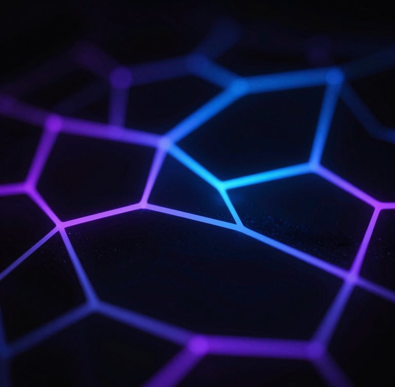 Low-key dark tech aesthetic, abstract 3D geometric nodes representing secure data flows, illuminated by sharp neon blue and violet rim lights, deep shadows, 35mm macro focus